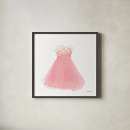 Pink Dress Fitting by Marco Fabiano. Shown in a sleek black glass frame for a contemporary gallery look. Available as an archival giclee rolled canvas, fine art paper, or poster print. SKU 63199a.