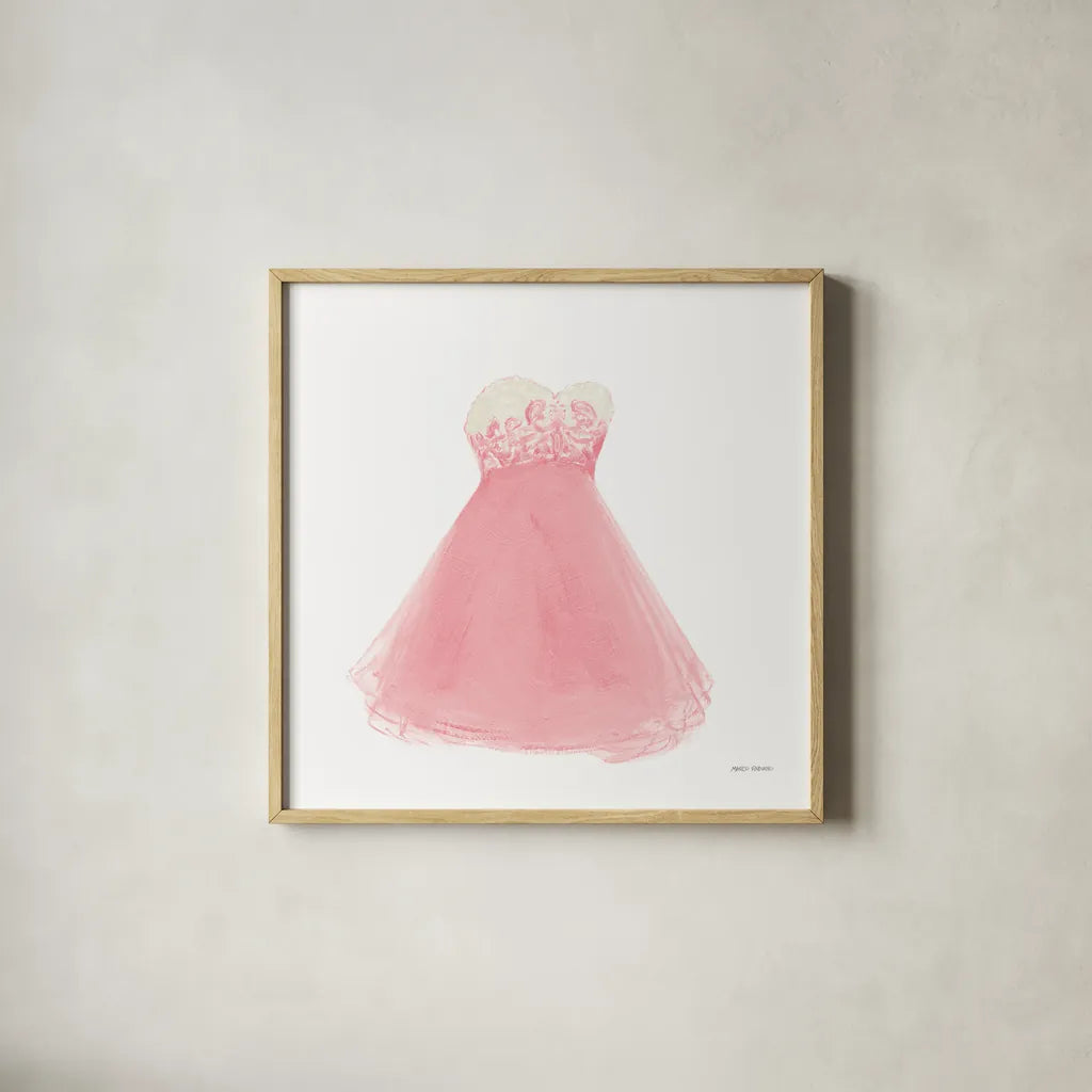 Pink Dress Fitting by Marco Fabiano. Shown in a natural wood glass frame for a timeless modern aesthetic. Available as an archival giclee rolled canvas, fine art paper, or poster print. SKU 63199a.