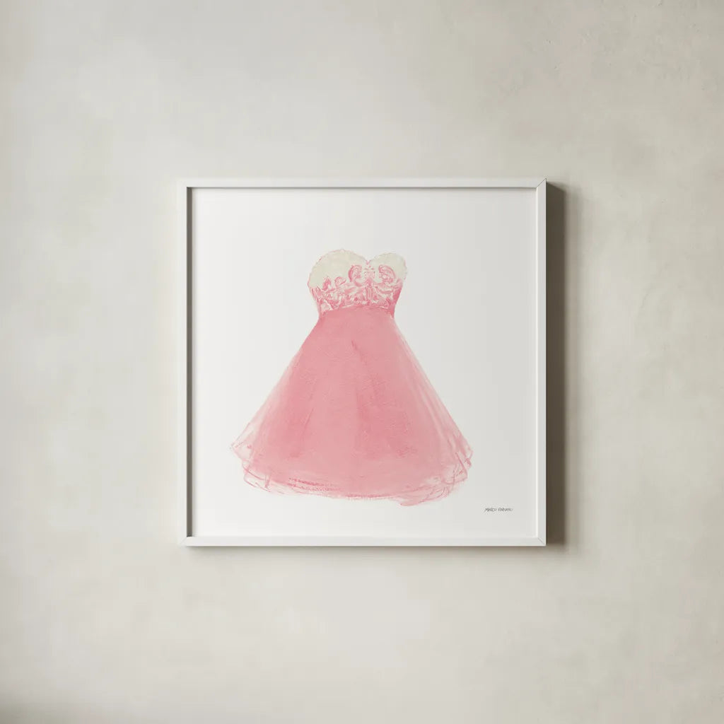Pink Dress Fitting by Marco Fabiano. Shown in a crisp white glass frame for a clean and minimalist style. Available as an archival giclee rolled canvas, fine art paper, or poster print. SKU 63199a.
