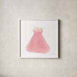 Pink Dress Fitting by Marco Fabiano. Shown in a crisp white glass frame for a clean and minimalist style. Available as an archival giclee rolled canvas, fine art paper, or poster print. SKU 63199a.