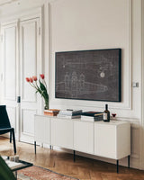 Plane Blueprint I by Marco Fabiano. shown as a framed stretched canvas in a living room above a console. Available as a archival giclee rolled canvas, fine art paper, or poster print. SKU 13661i.