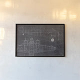Plane Blueprint I by Marco Fabiano. shown as a paper print in a black flame. Available as a archival giclee rolled canvas, fine art paper, or poster print. SKU 13661i.
