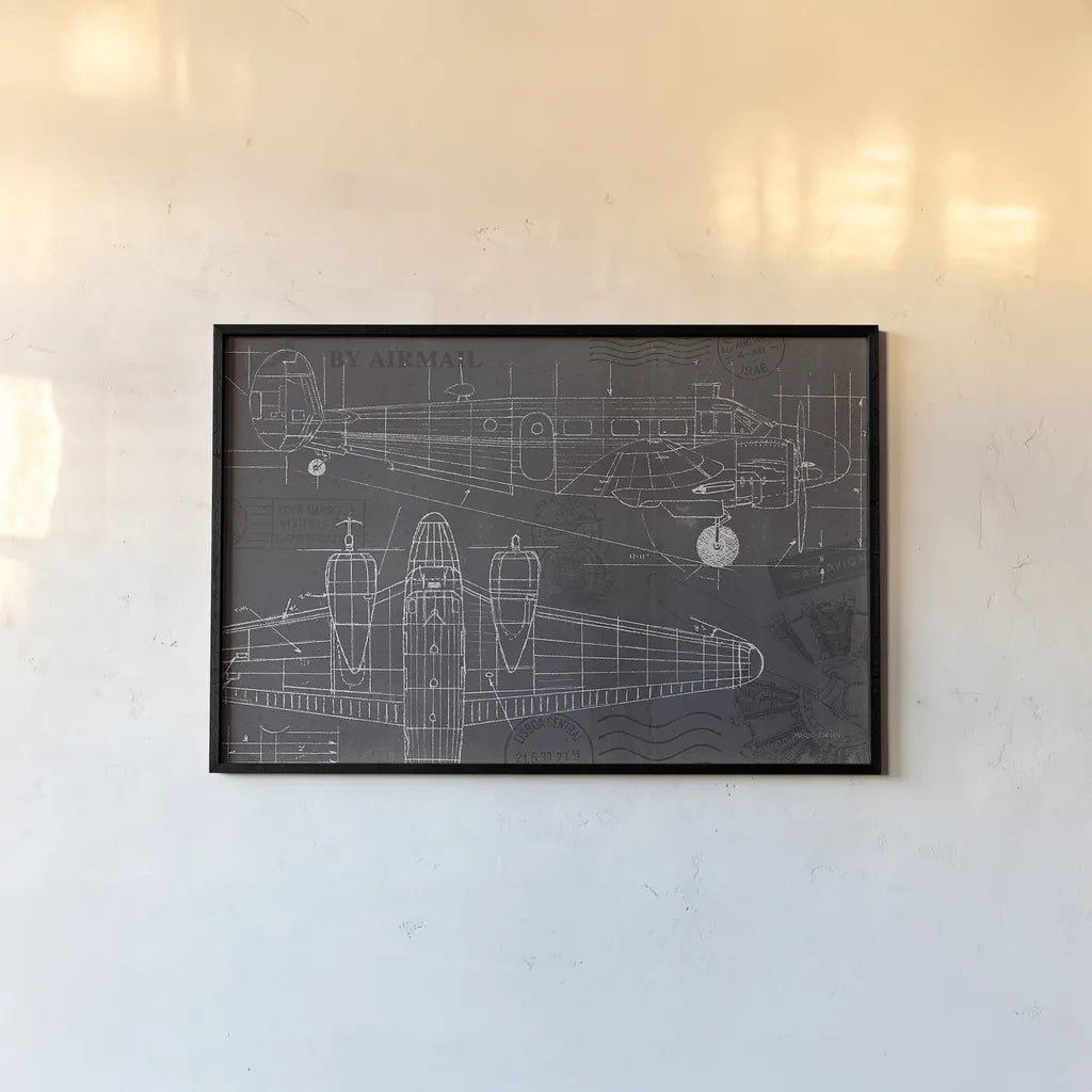 Plane Blueprint I by Marco Fabiano. shown as a paper print in a black flame. Available as a archival giclee rolled canvas, fine art paper, or poster print. SKU 13661i.