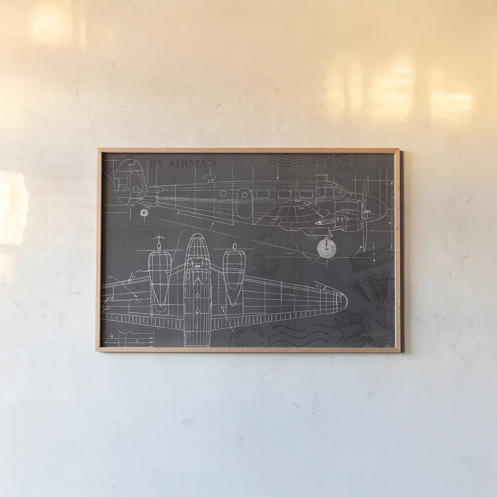 Plane Blueprint I by Marco Fabiano. shown as a paper print in a natural frame. Available as a archival giclee rolled canvas, fine art paper, or poster print. SKU 13661i.