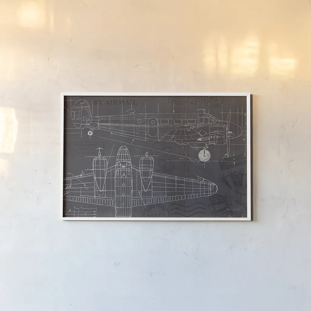 Plane Blueprint I by Marco Fabiano. shown as a paper print in a white frame. Available as a archival giclee rolled canvas, fine art paper, or poster print. SKU 13661i.