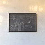 Plane Blueprint I No Words Post by Marco Fabiano. shown as a paper print in a black flame. Available as a archival giclee rolled canvas, fine art paper, or poster print. SKU 33823i.