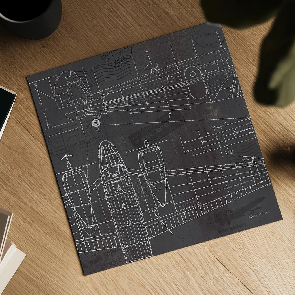 Plane Blueprint II by Marco Fabiano. Shown as a detailed flat fine art print, highlighting archival giclee quality. Available as an archival giclee rolled canvas, fine art paper, or poster print. SKU 14259a.
