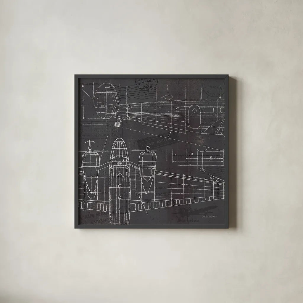 Plane Blueprint II by Marco Fabiano. Shown in a sleek black glass frame for a contemporary gallery look. Available as an archival giclee rolled canvas, fine art paper, or poster print. SKU 14259a.
