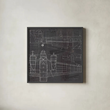Plane Blueprint II by Marco Fabiano. Shown in a sleek black glass frame for a contemporary gallery look. Available as an archival giclee rolled canvas, fine art paper, or poster print. SKU 14259a.