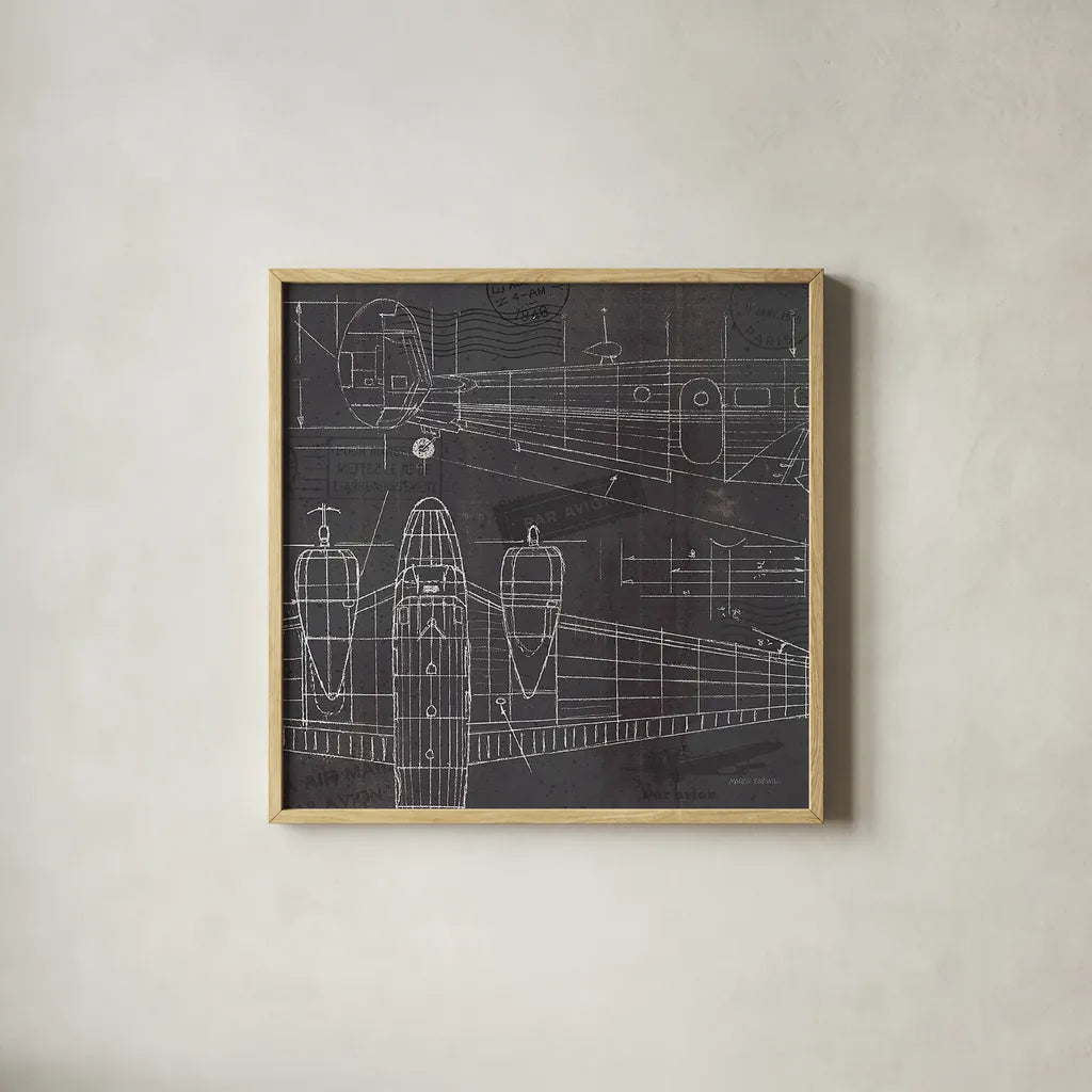 Plane Blueprint II by Marco Fabiano. Shown in a natural wood glass frame for a timeless modern aesthetic. Available as an archival giclee rolled canvas, fine art paper, or poster print. SKU 14259a.