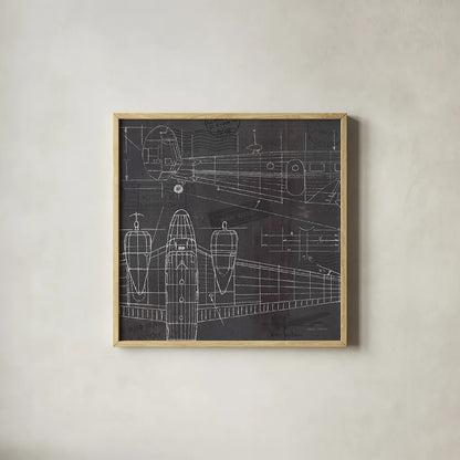 Plane Blueprint II by Marco Fabiano. Shown in a natural wood glass frame for a timeless modern aesthetic. Available as an archival giclee rolled canvas, fine art paper, or poster print. SKU 14259a.