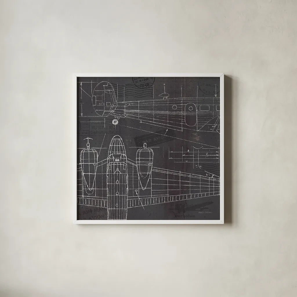 Plane Blueprint II by Marco Fabiano. Shown in a crisp white glass frame for a clean and minimalist style. Available as an archival giclee rolled canvas, fine art paper, or poster print. SKU 14259a.