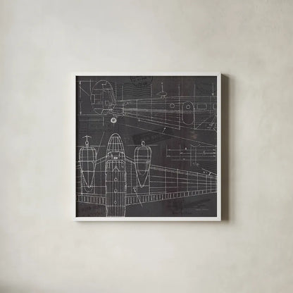 Plane Blueprint II by Marco Fabiano. Shown in a crisp white glass frame for a clean and minimalist style. Available as an archival giclee rolled canvas, fine art paper, or poster print. SKU 14259a.