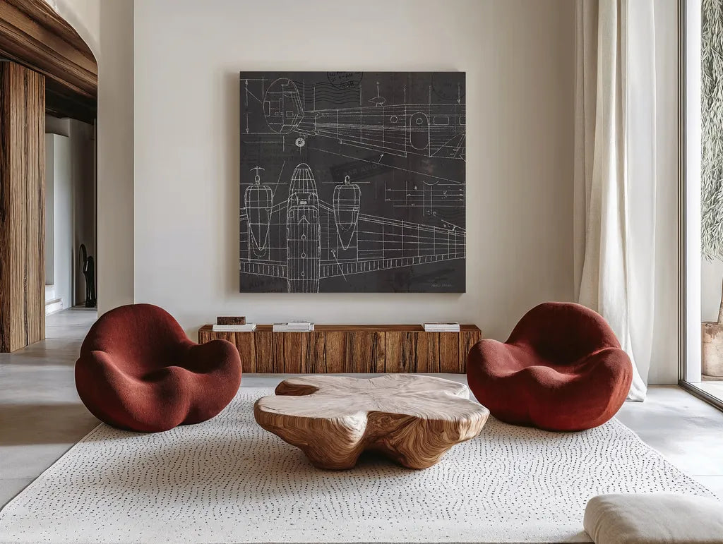Plane Blueprint II by Marco Fabiano. Shown as extra-large giant wall art in a modern living room. Available as an archival giclee rolled canvas, fine art paper, or poster print. SKU 14259a.