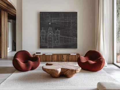Plane Blueprint II by Marco Fabiano. Shown as extra-large giant wall art in a modern living room. Available as an archival giclee rolled canvas, fine art paper, or poster print. SKU 14259a.