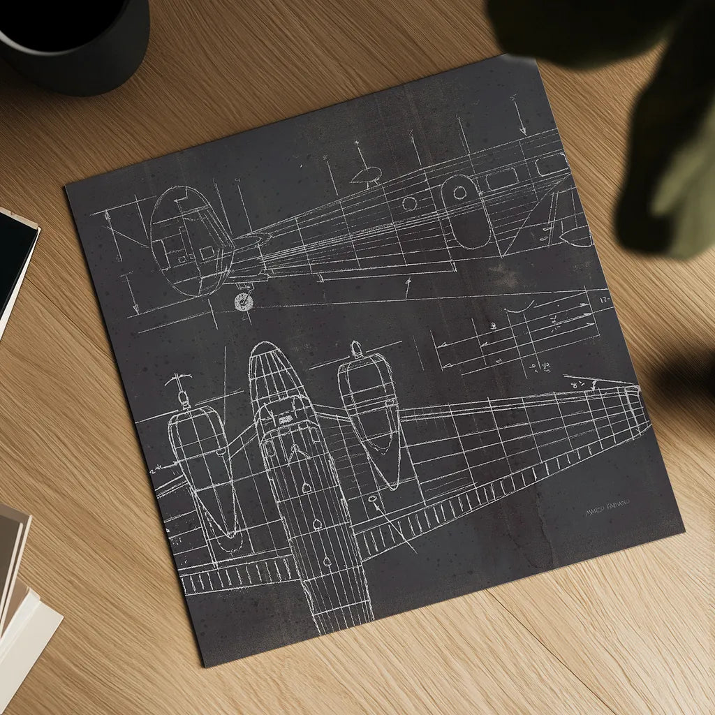 Plane Blueprint II No Words Post by Marco Fabiano. Shown as a detailed flat fine art print, highlighting archival giclee quality. Available as an archival giclee rolled canvas, fine art paper, or poster print. SKU 33824a.