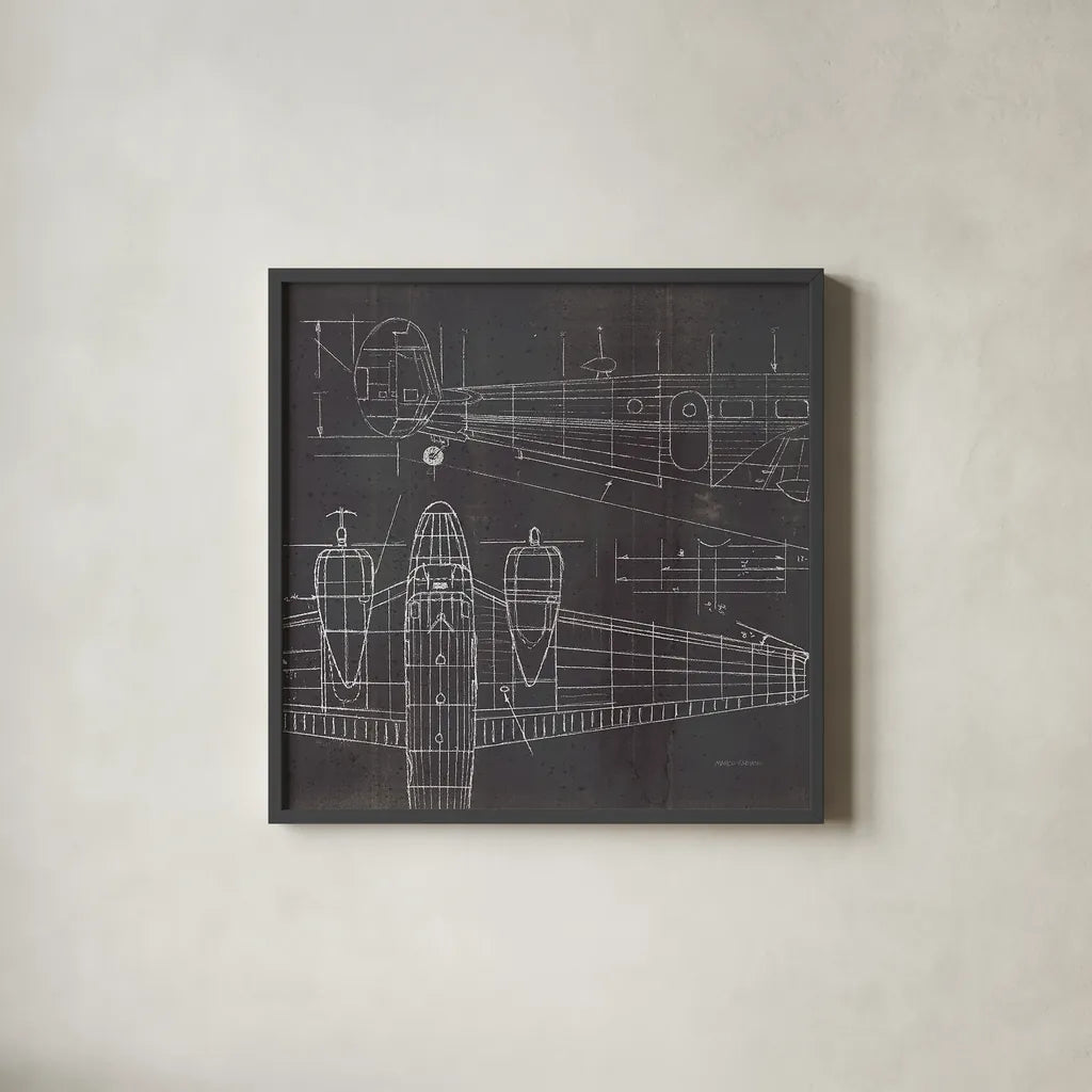 Plane Blueprint II No Words Post by Marco Fabiano. Shown in a sleek black glass frame for a contemporary gallery look. Available as an archival giclee rolled canvas, fine art paper, or poster print. SKU 33824a.