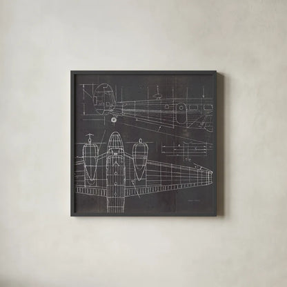 Plane Blueprint II No Words Post by Marco Fabiano. Shown in a sleek black glass frame for a contemporary gallery look. Available as an archival giclee rolled canvas, fine art paper, or poster print. SKU 33824a.