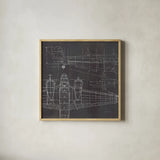 Plane Blueprint II No Words Post by Marco Fabiano. Shown in a natural wood glass frame for a timeless modern aesthetic. Available as an archival giclee rolled canvas, fine art paper, or poster print. SKU 33824a.