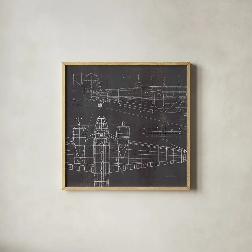 Plane Blueprint II No Words Post by Marco Fabiano. Shown in a natural wood glass frame for a timeless modern aesthetic. Available as an archival giclee rolled canvas, fine art paper, or poster print. SKU 33824a.