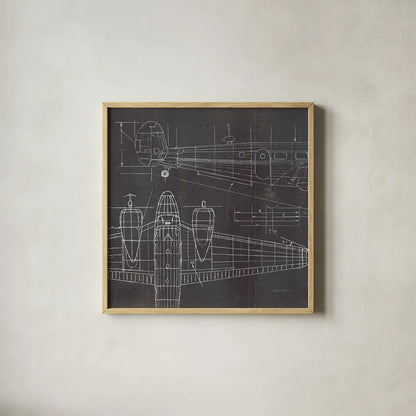 Plane Blueprint II No Words Post by Marco Fabiano. Shown in a natural wood glass frame for a timeless modern aesthetic. Available as an archival giclee rolled canvas, fine art paper, or poster print. SKU 33824a.