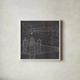 Plane Blueprint II No Words Post by Marco Fabiano. Shown in a crisp white glass frame for a clean and minimalist style. Available as an archival giclee rolled canvas, fine art paper, or poster print. SKU 33824a.