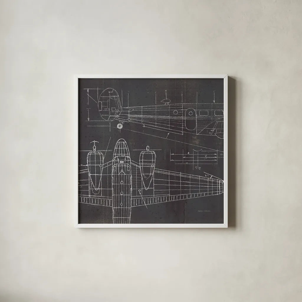 Plane Blueprint II No Words Post by Marco Fabiano. Shown in a crisp white glass frame for a clean and minimalist style. Available as an archival giclee rolled canvas, fine art paper, or poster print. SKU 33824a.