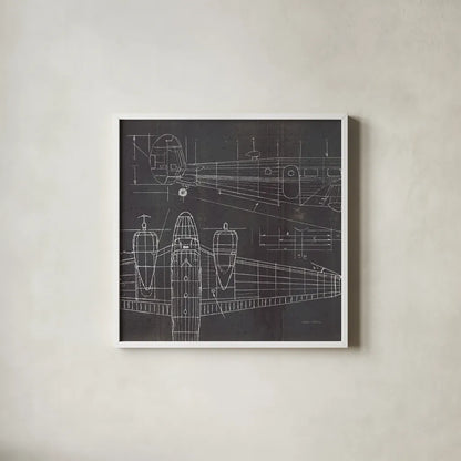 Plane Blueprint II No Words Post by Marco Fabiano. Shown in a crisp white glass frame for a clean and minimalist style. Available as an archival giclee rolled canvas, fine art paper, or poster print. SKU 33824a.