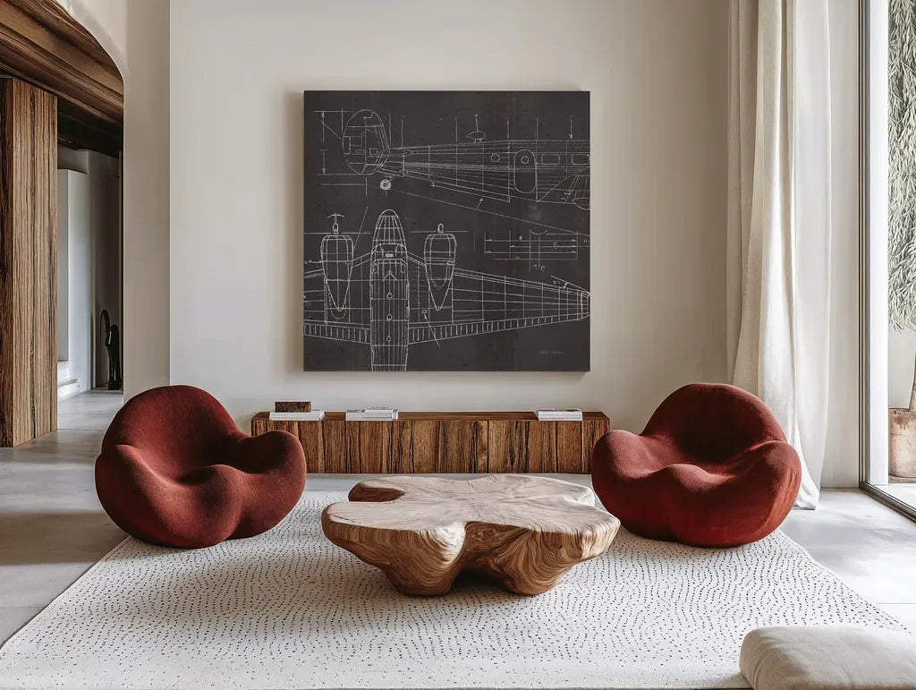 Plane Blueprint II No Words Post by Marco Fabiano. Shown as extra-large giant wall art in a modern living room. Available as an archival giclee rolled canvas, fine art paper, or poster print. SKU 33824a.