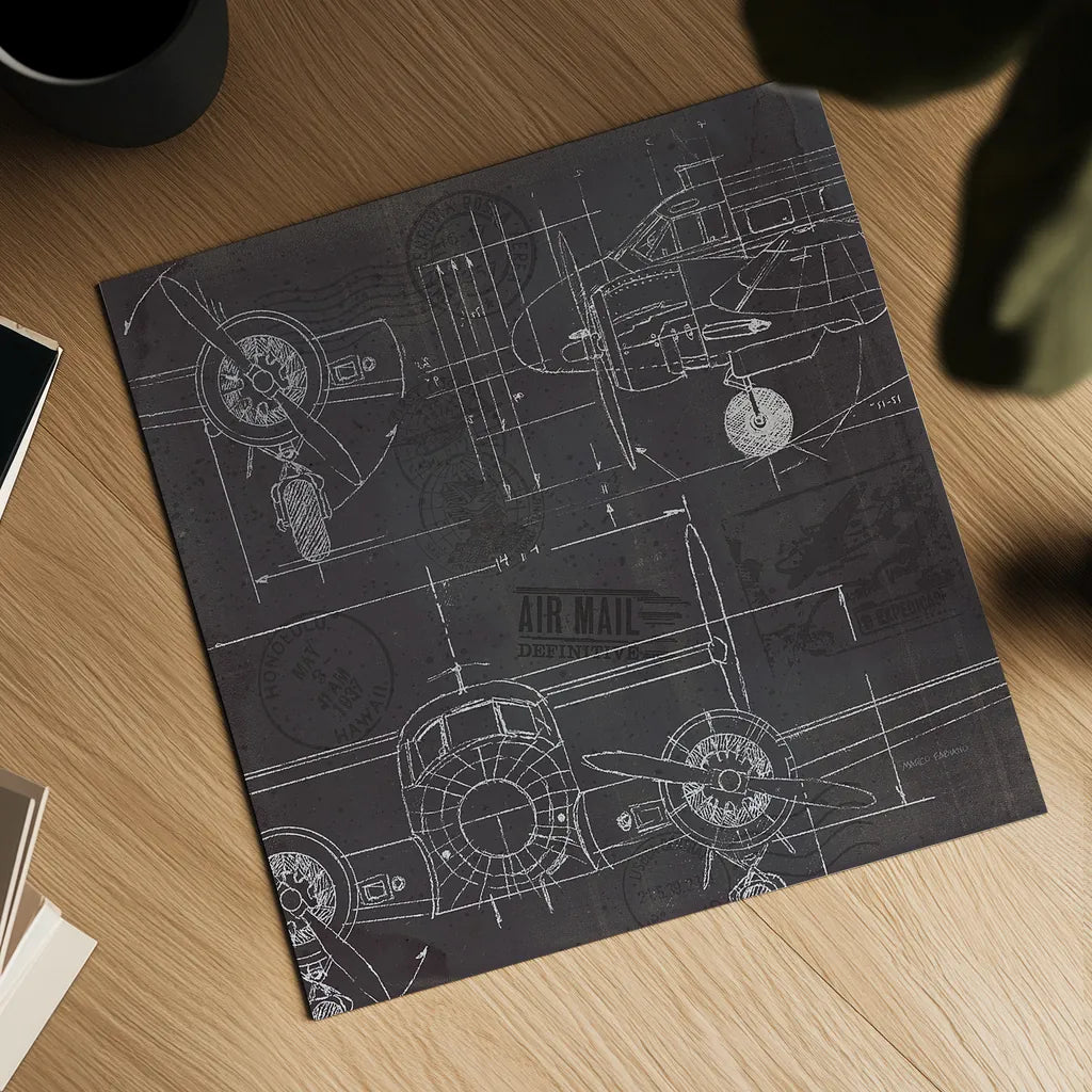 Plane Blueprint III by Marco Fabiano. Shown as a detailed flat fine art print, highlighting archival giclee quality. Available as an archival giclee rolled canvas, fine art paper, or poster print. SKU 14260a.