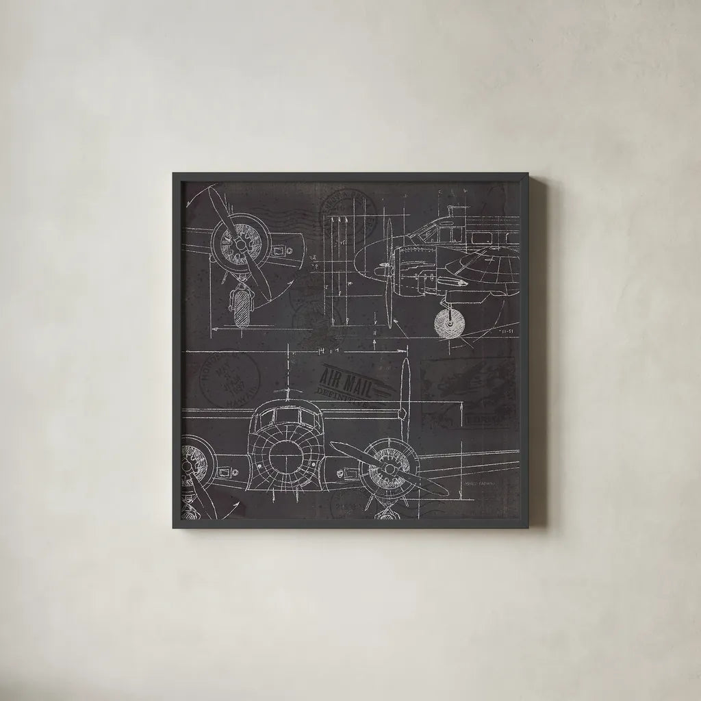 Plane Blueprint III by Marco Fabiano. Shown in a sleek black glass frame for a contemporary gallery look. Available as an archival giclee rolled canvas, fine art paper, or poster print. SKU 14260a.