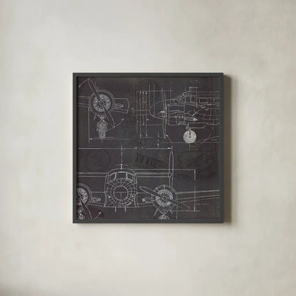 Plane Blueprint III by Marco Fabiano. Shown in a sleek black glass frame for a contemporary gallery look. Available as an archival giclee rolled canvas, fine art paper, or poster print. SKU 14260a.