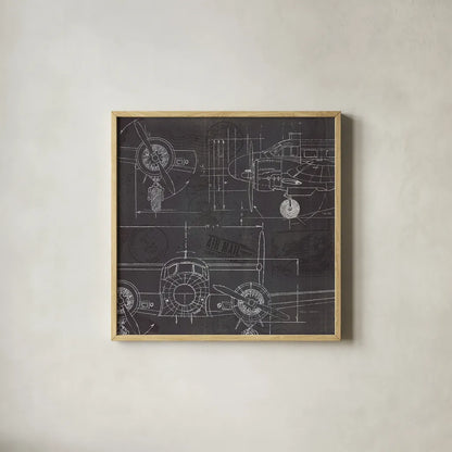 Plane Blueprint III by Marco Fabiano. Shown in a natural wood glass frame for a timeless modern aesthetic. Available as an archival giclee rolled canvas, fine art paper, or poster print. SKU 14260a.