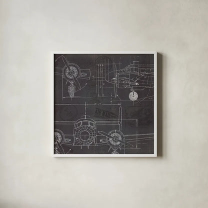 Plane Blueprint III by Marco Fabiano. Shown in a crisp white glass frame for a clean and minimalist style. Available as an archival giclee rolled canvas, fine art paper, or poster print. SKU 14260a.