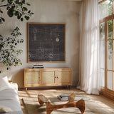 Plane Blueprint III by Marco Fabiano. Shown in a natural wood frame in a cozy modern living room. Available as an archival giclee rolled canvas, fine art paper, or poster print. SKU 14260a.