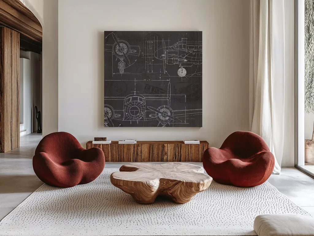 Plane Blueprint III by Marco Fabiano. Shown as extra-large giant wall art in a modern living room. Available as an archival giclee rolled canvas, fine art paper, or poster print. SKU 14260a.