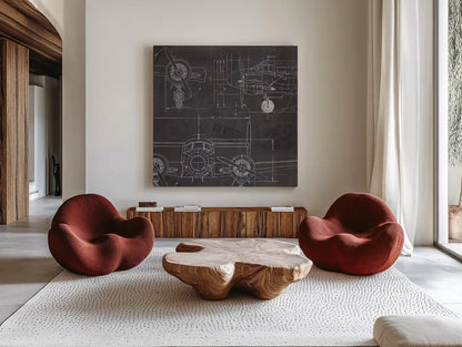 Plane Blueprint III by Marco Fabiano. Shown as extra-large giant wall art in a modern living room. Available as an archival giclee rolled canvas, fine art paper, or poster print. SKU 14260a.