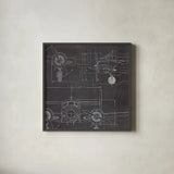 Plane Blueprint III No Words Post by Marco Fabiano. Shown in a sleek black glass frame for a contemporary gallery look. Available as an archival giclee rolled canvas, fine art paper, or poster print. SKU 33825a.