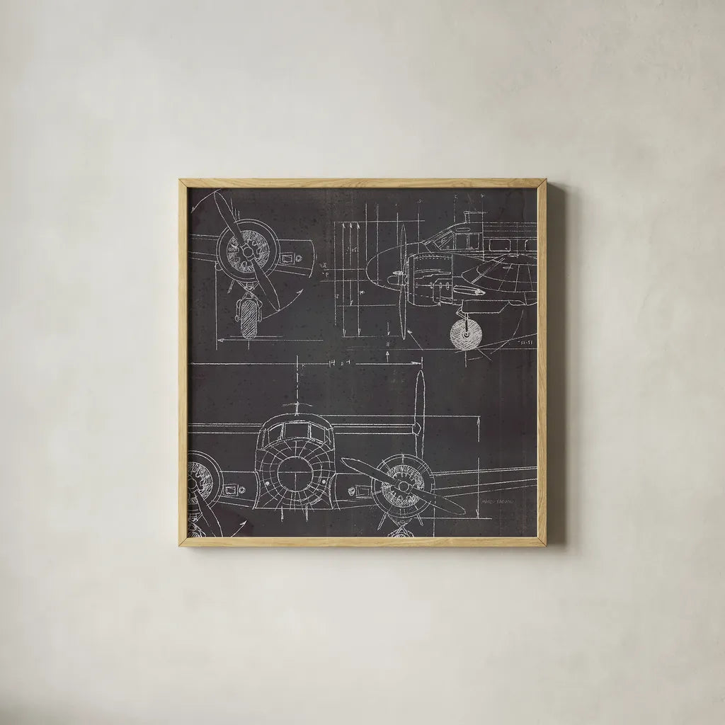 Plane Blueprint III No Words Post by Marco Fabiano. Shown in a natural wood glass frame for a timeless modern aesthetic. Available as an archival giclee rolled canvas, fine art paper, or poster print. SKU 33825a.