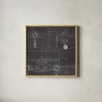 Plane Blueprint III No Words Post by Marco Fabiano. Shown in a natural wood glass frame for a timeless modern aesthetic. Available as an archival giclee rolled canvas, fine art paper, or poster print. SKU 33825a.