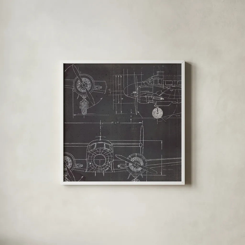 Plane Blueprint III No Words Post by Marco Fabiano. Shown in a crisp white glass frame for a clean and minimalist style. Available as an archival giclee rolled canvas, fine art paper, or poster print. SKU 33825a.