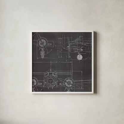 Plane Blueprint III No Words Post by Marco Fabiano. Shown in a crisp white glass frame for a clean and minimalist style. Available as an archival giclee rolled canvas, fine art paper, or poster print. SKU 33825a.