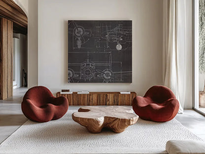 Plane Blueprint III No Words Post by Marco Fabiano. Shown as extra-large giant wall art in a modern living room. Available as an archival giclee rolled canvas, fine art paper, or poster print. SKU 33825a.