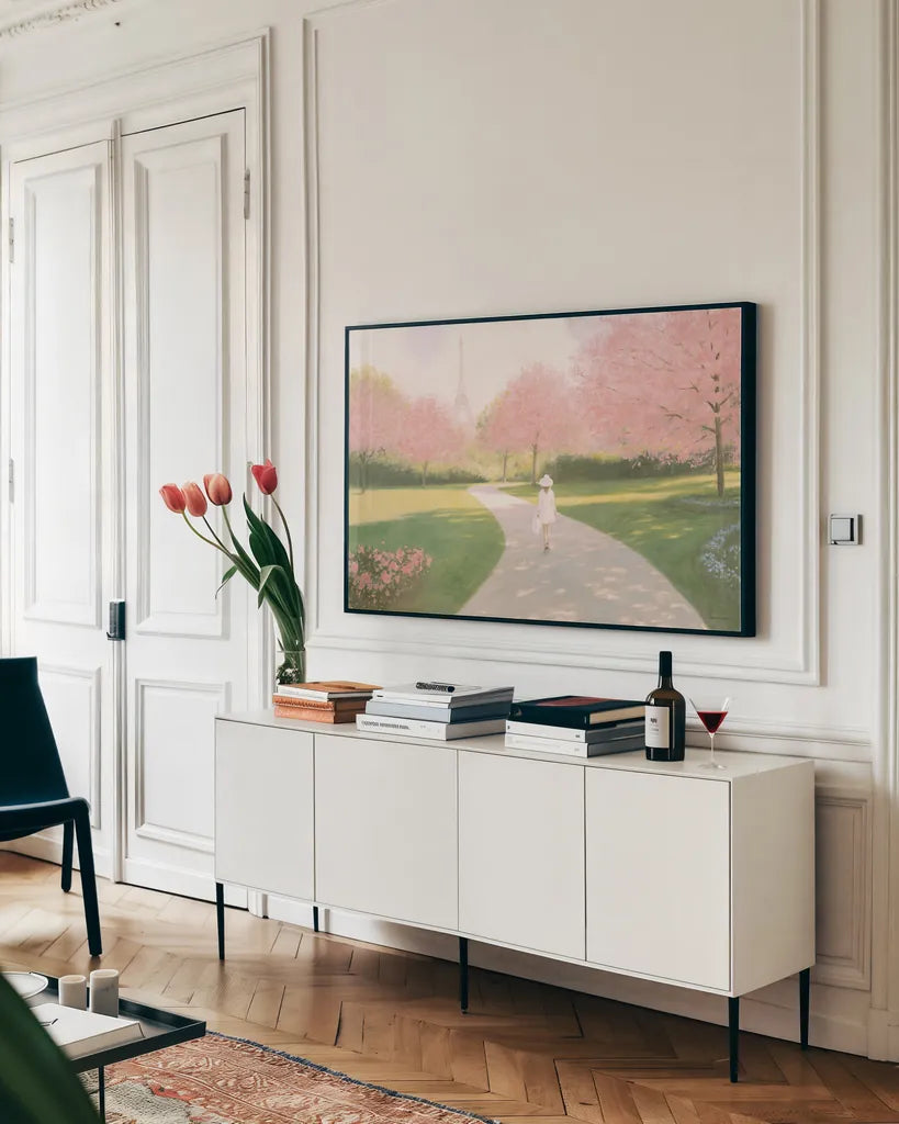 Printemps a Paris II by Marco Fabiano. shown as a framed stretched canvas in a living room above a console. Available as a archival giclee rolled canvas, fine art paper, or poster print. SKU 56479i.