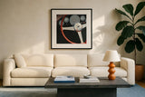 RPM I No Words Red by Marco Fabiano. Displayed in a glass frame with matte in a clean modern living room. Available as an archival giclee rolled canvas, fine art paper, or poster print. SKU 53148a.