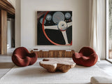 RPM I No Words Red by Marco Fabiano. Shown as extra-large giant wall art in a modern living room. Available as an archival giclee rolled canvas, fine art paper, or poster print. SKU 53148a.
