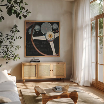 RPM I with Words by Marco Fabiano. Shown in a natural wood frame in a cozy modern living room. Available as an archival giclee rolled canvas, fine art paper, or poster print. SKU 16423a.
