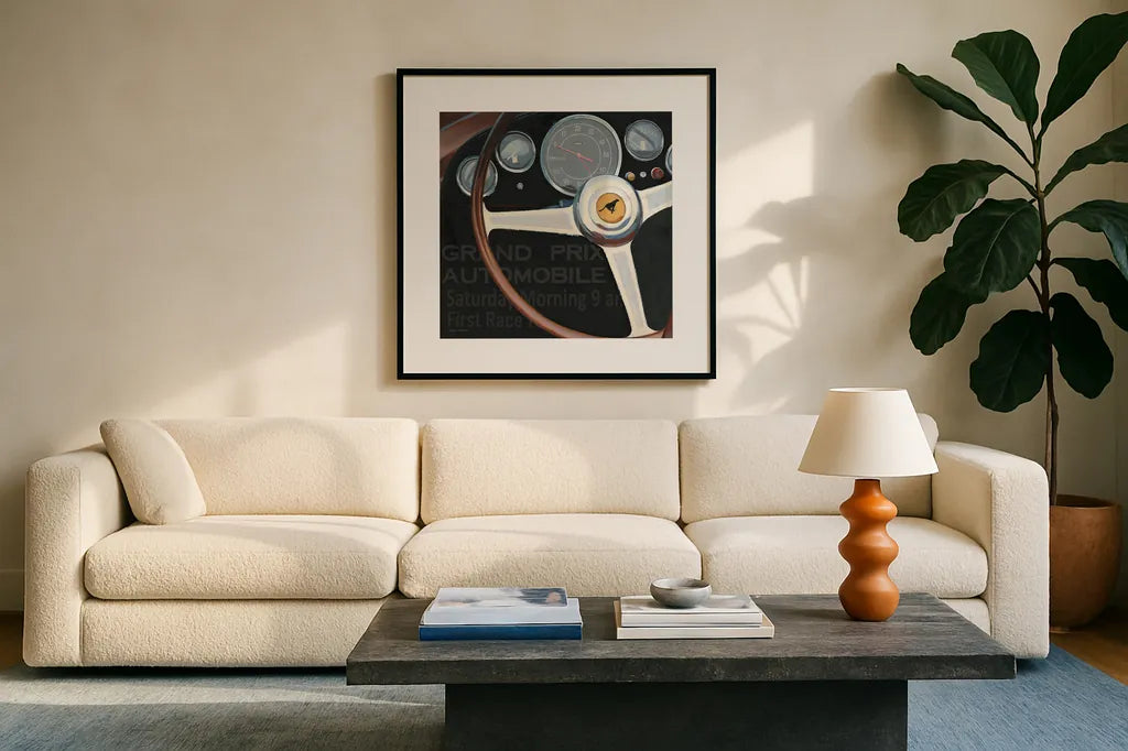 RPM I with Words by Marco Fabiano. Displayed in a glass frame with matte in a clean modern living room. Available as an archival giclee rolled canvas, fine art paper, or poster print. SKU 16423a.