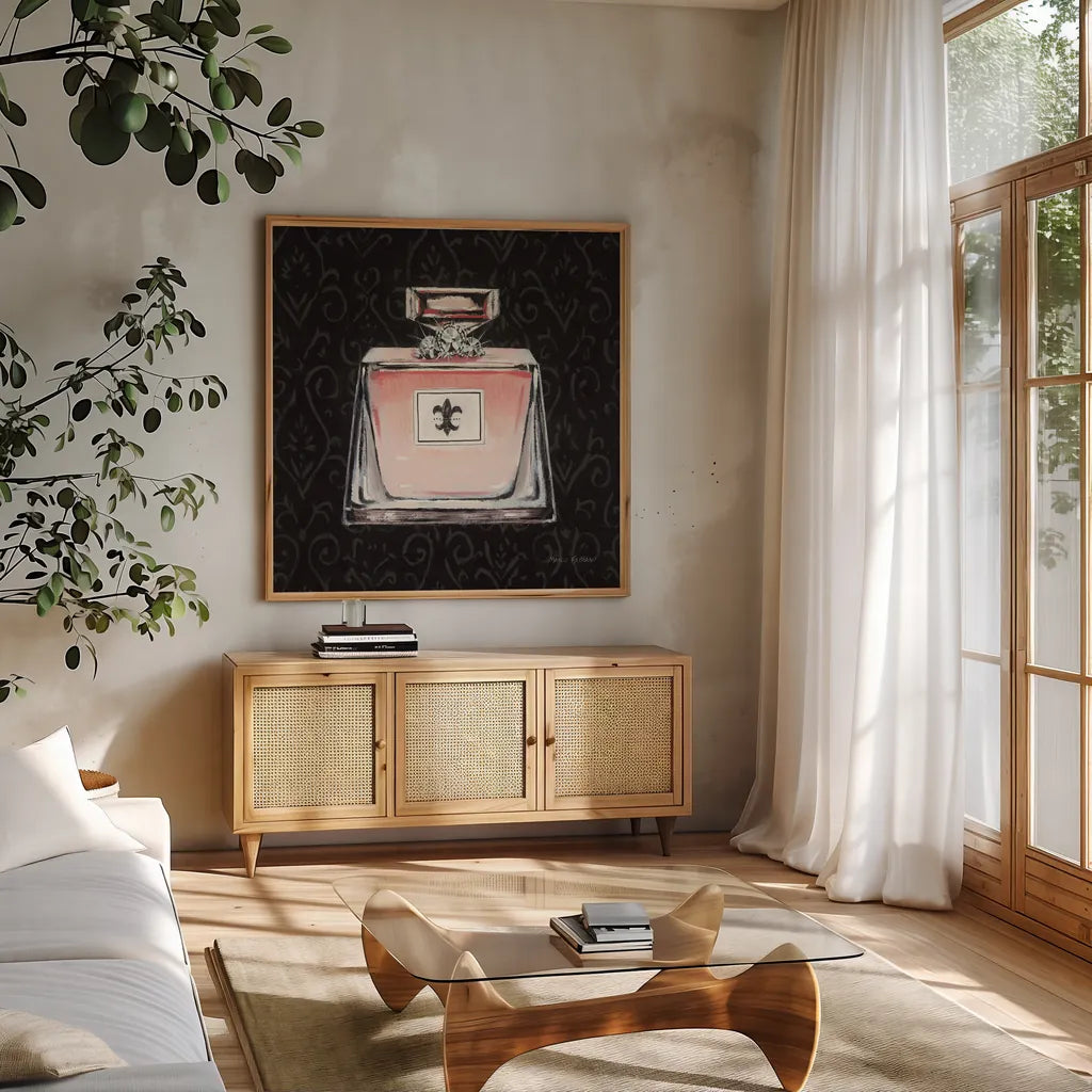 Samanthas Boudoir III by Marco Fabiano. Shown in a natural wood frame in a cozy modern living room. Available as an archival giclee rolled canvas, fine art paper, or poster print. SKU 10748a.