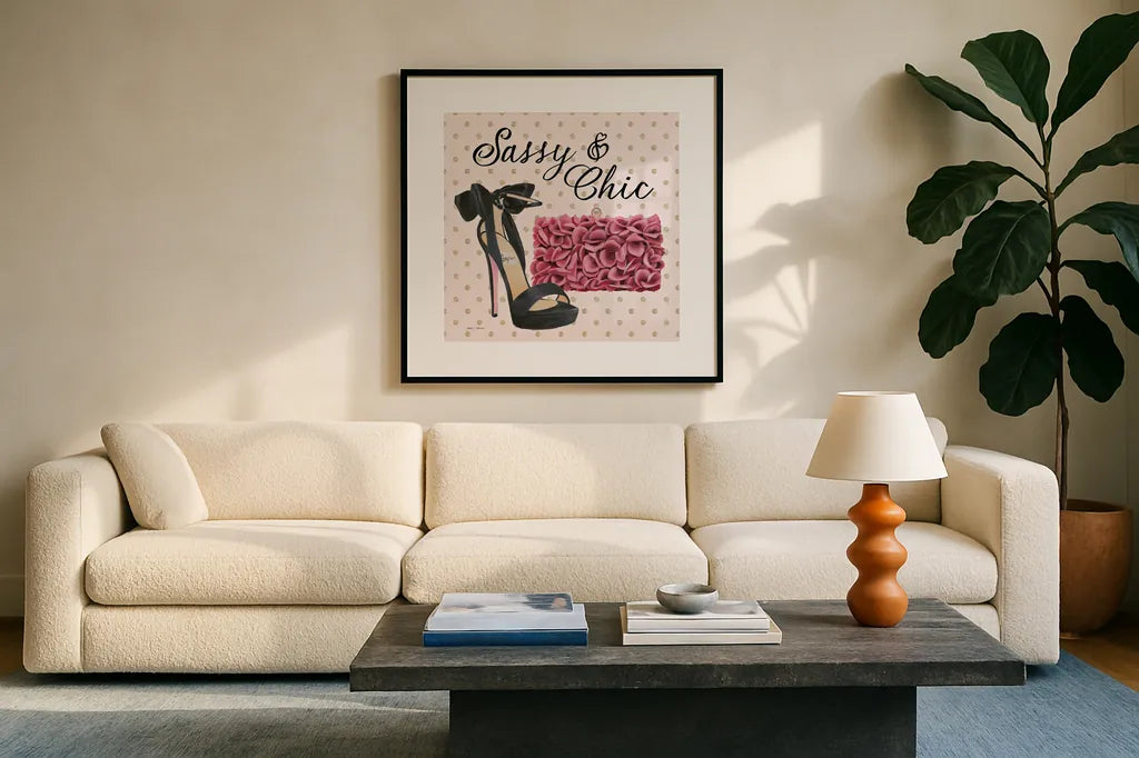 Simply Splendid I by Marco Fabiano. Displayed in a glass frame with matte in a clean modern living room. Available as an archival giclee rolled canvas, fine art paper, or poster print. SKU 46468a.